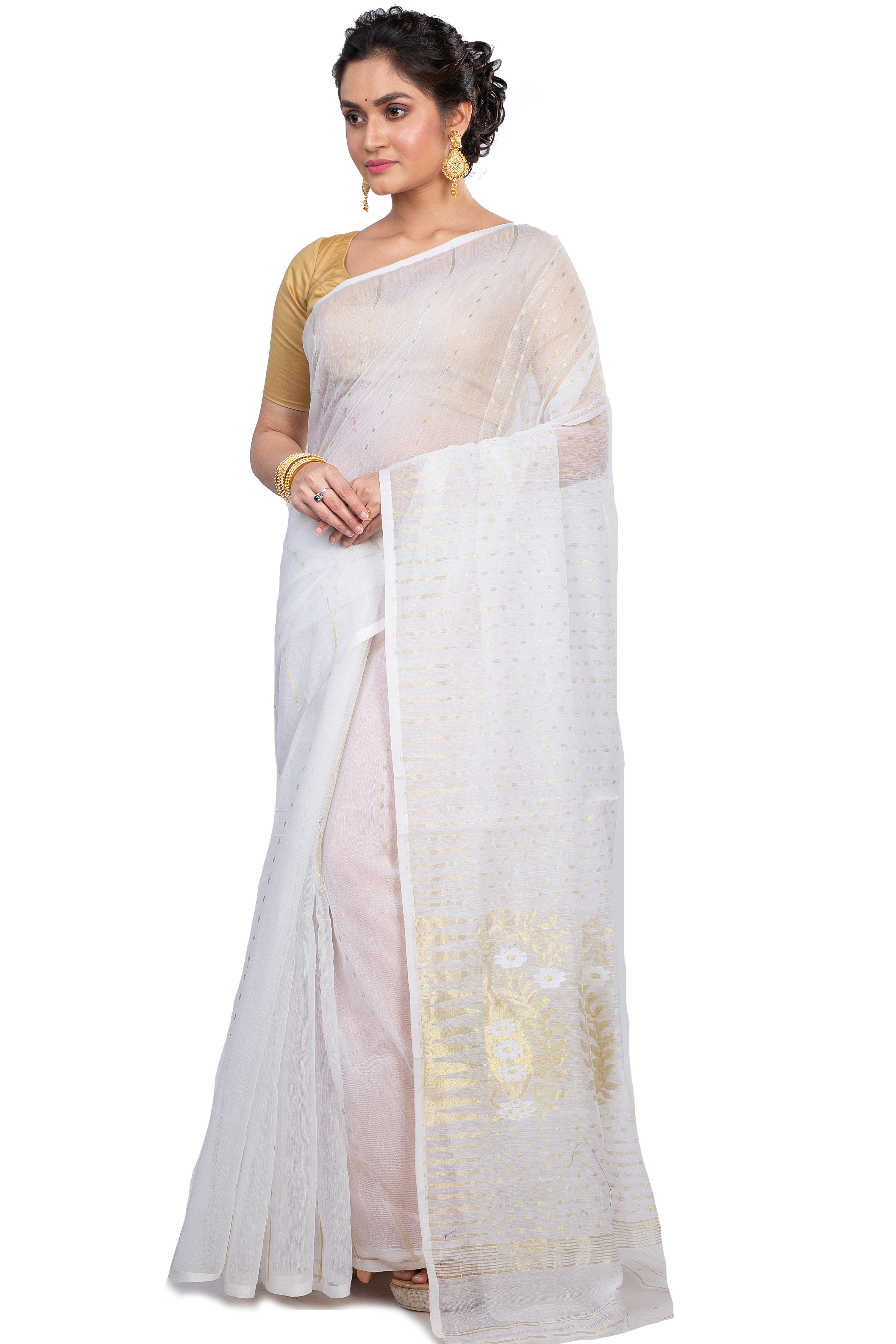White Blended Cotton New HALF  JAMDINE Jamdani Saree (4108)